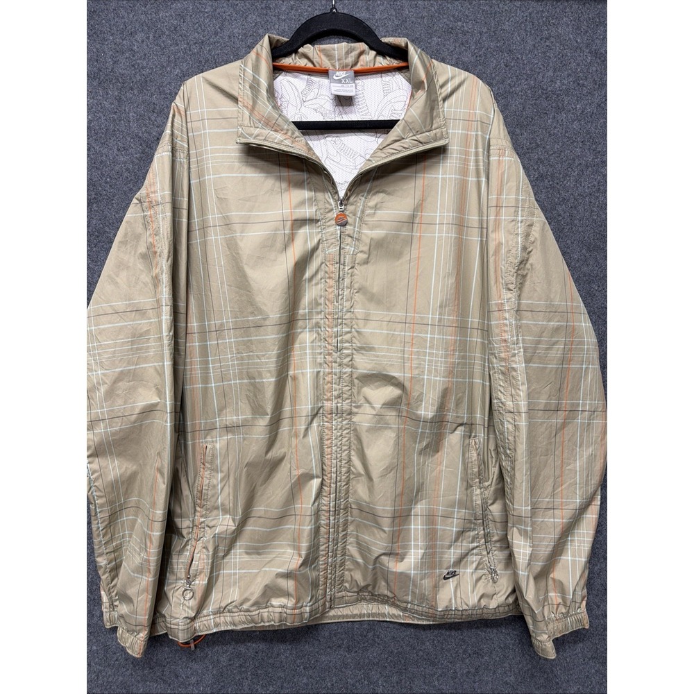 VTG Nike Y2K Men's XXL Tan Plaid Windbreaker Jacket Orange Lightweight Full Zip